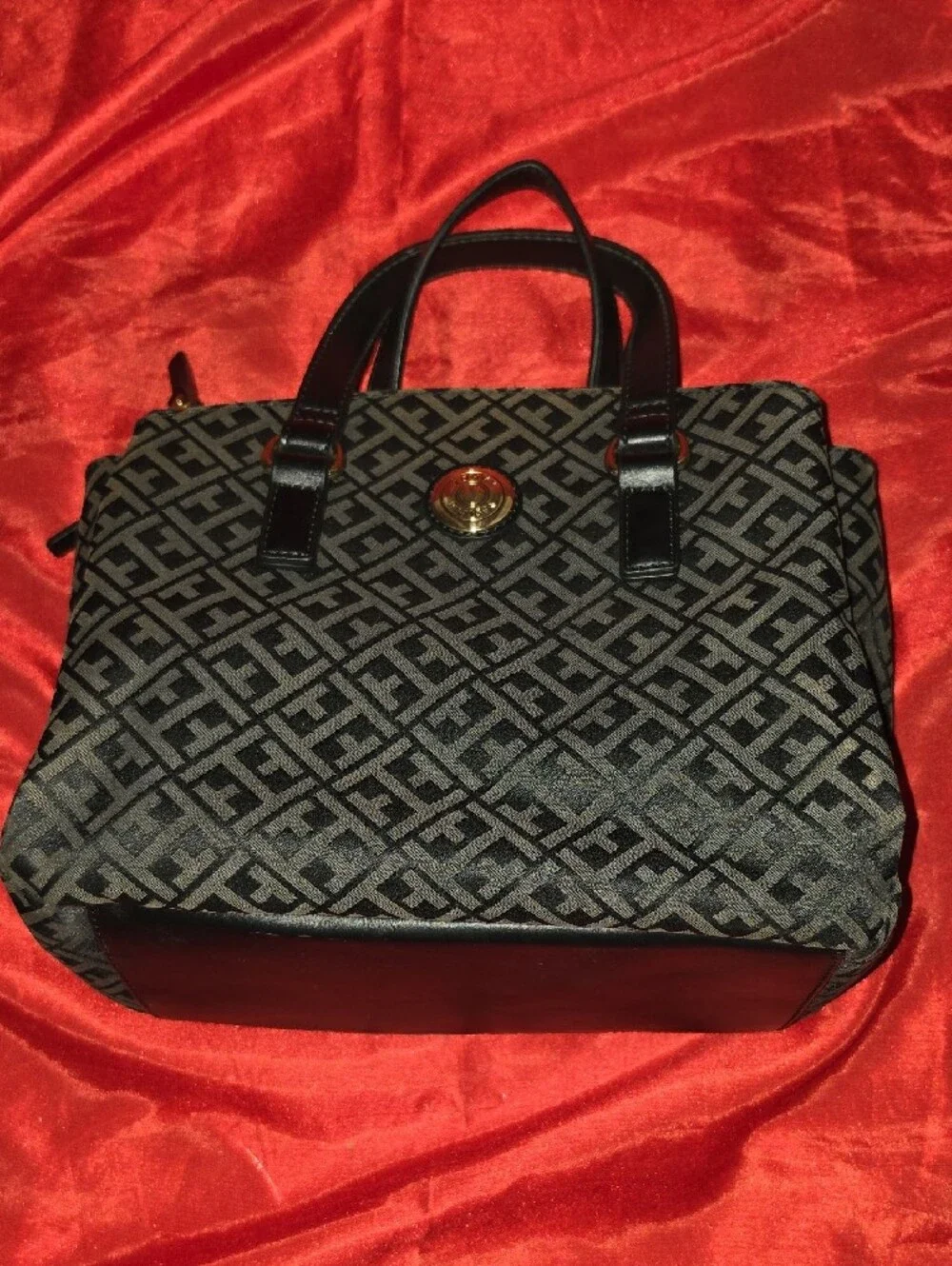 Tommy Hilfiger Black and Gray Monogram Satchel with Gold Accent
